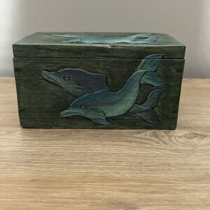 Dolphin Trinket Box Wood Carving Jewelry Chest Ocean Coastal Nautical‎ Beach